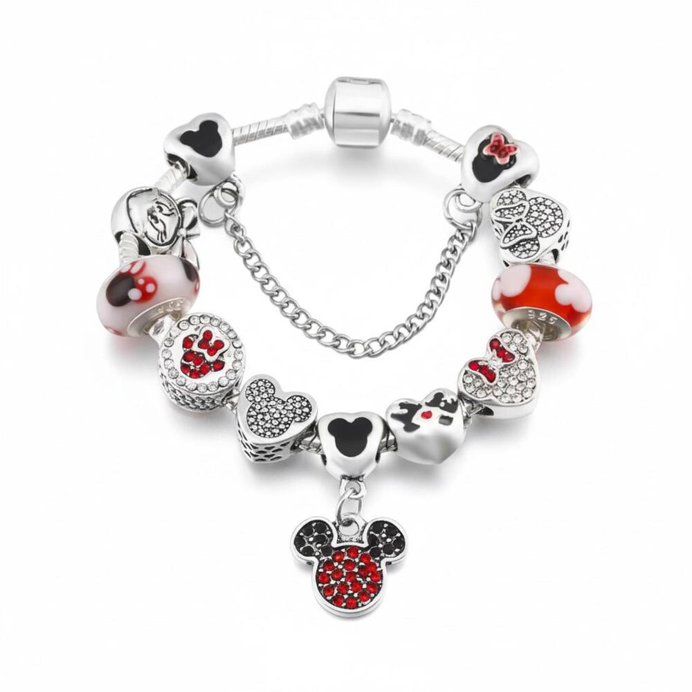Disney Mickey & Minnie Mouse Charm Bracelet - Red Crystal Hearts - Safety Chain